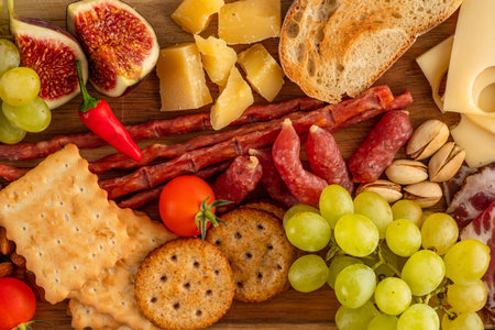 Antipasto catering platter with bacon, jerky, sausage, cheese and grapes on a wooden background