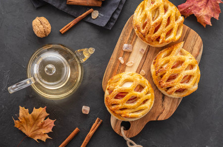 Homemade Apple pie or tart with lattice top overhead view.の写真素材