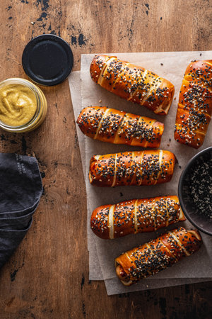 Pretzel wrapped hot dogs with sausages, with ketchup sauce, dark background copy spaceの写真素材