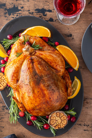 Thanksgiving dinner, Thanksgiving turkey. Served table. Thanksgiving table served with turkey, decorated with bright autumn leaves. Roasted turkey, table settingの写真素材