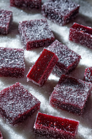 Raspberries and currant pate de fruit. Jelly, marmalade, fruit candy, covered with sugar.