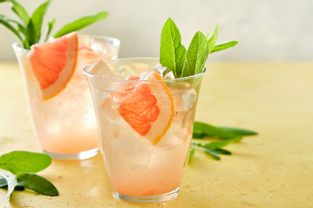 Pink cocktail with ice and sage, selective focus.の写真素材