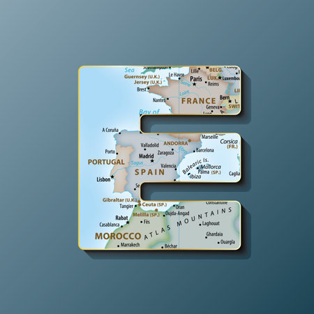 Vector illustration of uppercase letter E with map to use monograms, logos,emblemsのイラスト素材