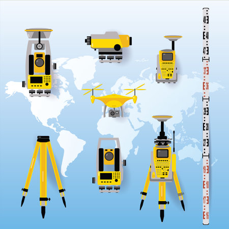 Geodetic measuring equipment icon set, engineering technology for land survey on world map baclgroundのイラスト素材
