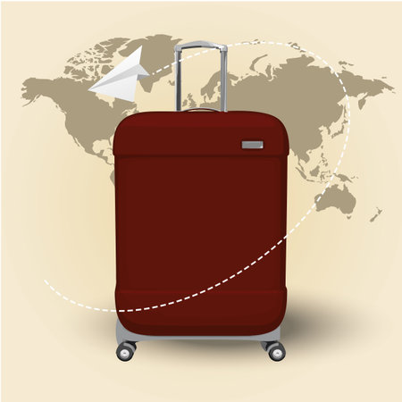 Vector illustration of flying paper plane around travel suitcases on map backgroundのイラスト素材