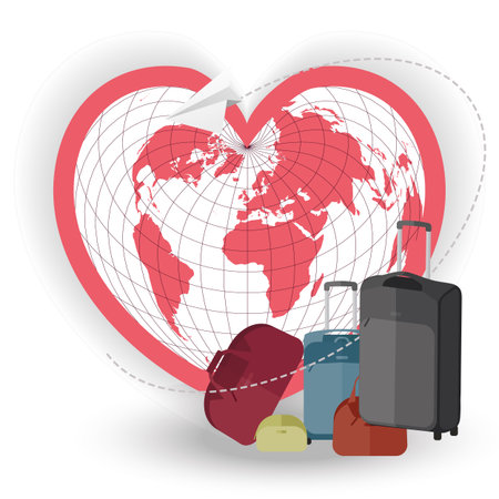Vector illustration of flying paper plane around travel suitcases on map backgroundのイラスト素材