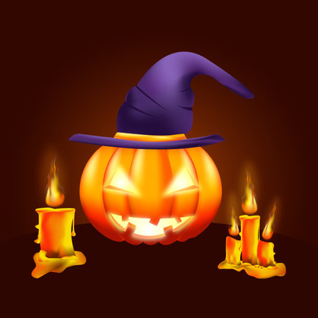 Smiling pumpkin and burning candles. Holiday Halloween. Autumn. Vector.のイラスト素材