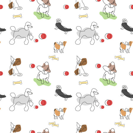 Seamless vector pattern with cute hand drawn dogs. Dogs of different breeds. Ideal for baby clothes, textile, veterinary, nursery, wrapping paperのイラスト素材