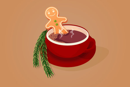 Christmas hot chocolate. Warming drink with Christmas decor, gingerbread cookies. Vector elements for banner or poster design.のイラスト素材