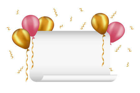 Festive banner with 3d realistic balloons and falling confetti. Vector template for greeting card, poster.のイラスト素材