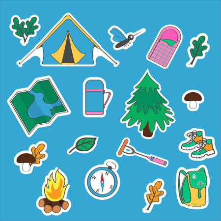 Stickers for camping, hiking. Vector illustration, flat style.のイラスト素材