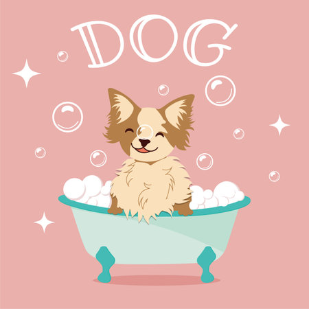 Vector cartoon illustration of a cute dog taking a bath full of soap suds. The concept of care, pet care. vector illustration.のイラスト素材