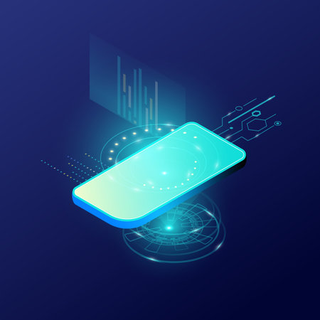 dark blue abstract technological background with the composition of the phone, the scheme, the concept of the network and telecommunications.のイラスト素材