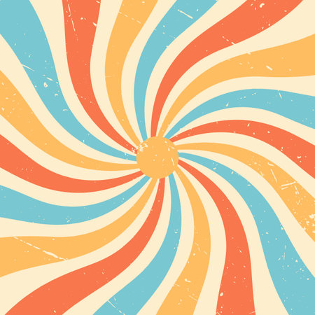 Retro background with rainbow stripes in the form of rays. Abstract colorful and textured spiral design. Abstract background rays retro style radiating from the center in the form of a spiral.のイラスト素材