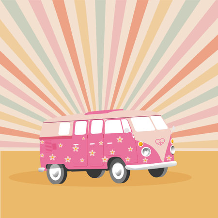 Positive composition of the 70s with a retro bus and bright rays. Positive hippie symbols. Ideal for greeting cards, posters, postcards, banners. Vector.のイラスト素材