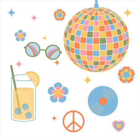 Clockwork elements in the retro hippie style of the 70s. Geometric abstract vector stickers for printing on t-shirts, posters, logo making, patternsのイラスト素材