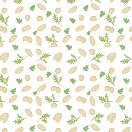 Seamless pattern with dumplings and parsley leaves, arugula on a colorless background. Dumplings / dumplings wallpaper. Traditional dish of Russian cuisine. vector illustration.のイラスト素材