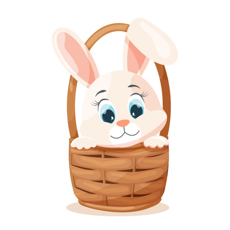 Easter card, cute rabbit in a wicker basket on a transparent background.のイラスト素材