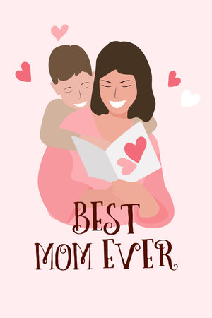 Happy mothers day illustration! Mothers day with mom and son, calligraphic text. Hand drawn vector illustration. Decorative holiday card.のイラスト素材