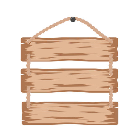 Wooden signboard. Rough board, rustic board, sign board hanging on ropes, banner templates. The concept of signposts and billboards.のイラスト素材