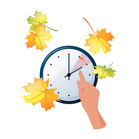 Autumn hours, the transition to winter time. The hand moves the clock hands to winter time. Flat style, vector illustrationのイラスト素材