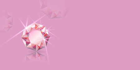 Vector horizontal banner with 3d realistic precious round sparkling stone, diamond close up on color background with reflection. Jewelry concept. Design Templateのイラスト素材