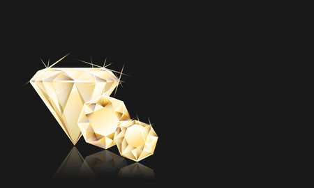 Vector horizontal banner with 3d realistic precious sparkling stones, diamonds on a black background with reflection. Design template.のイラスト素材