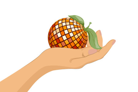 Illustration of a womans hand tenderly holding an orange. Flat style design. Y2Kのイラスト素材