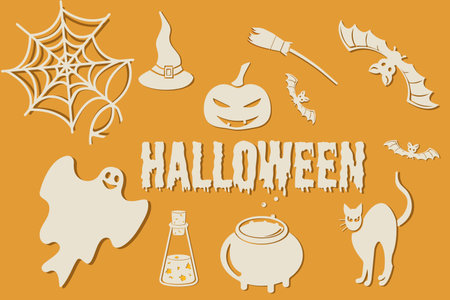 Happy Halloween. Vector cute illustrations of objects in the form of stickers, decals. Pumpkin head, black cat, ghosts, spider web, bat to create a postcardのイラスト素材