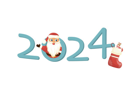 Merry Christmas and New Year 2024 card template with cute Santa Claus. Festive cartoon character in winter. Vectorのイラスト素材