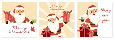 Set of Christmas cards with cute Santa Claus and gifts in cartoon style. Vector. Vector illustrationのイラスト素材