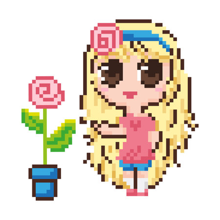 Pixel girl character with rose. Girl character, anime, chibi.のイラスト素材
