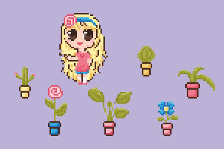 Pixel girl with indoor plants on a purple background. Female character, anime, chibi.
