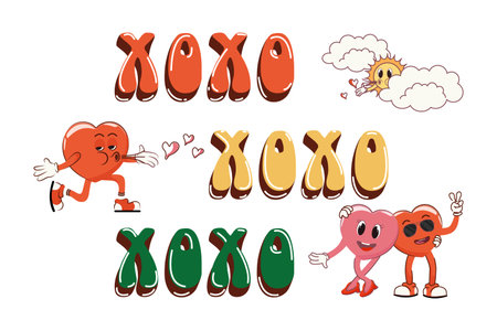 Happy Valentines Day. Retro Happy Valentines Day. Fashionable 70s cartoon style.