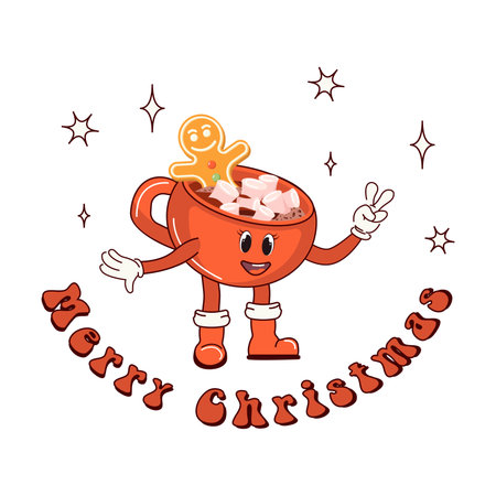 Merry Christmas. Christmas mug with hot cocoa and marshmallows. Retro character in cartoon fashionable groovy style. The atmosphere is from the 60s and 70s. Merry Christmas and Happy New Year.のイラスト素材