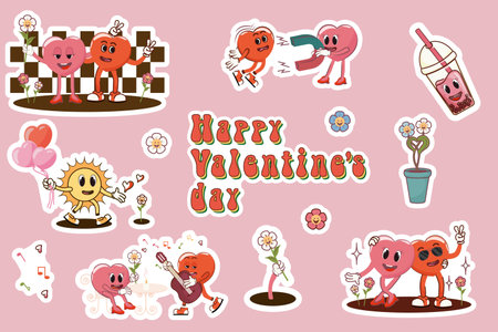 Set of stickers with Valentine's Day. Set of retro characters in groovy animation style. Disco with romantic atmosphere. Trendy retro style of the 90's. Y2K. Vector illustrationのイラスト素材