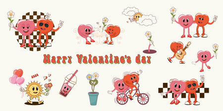 Happy Valentine's Day. Set of retro characters in groovy animation style. Disco with romantic atmosphere. Trendy retro style of the 90's. Y2K. Vector illustrationのイラスト素材