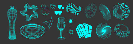 Set of vases, flutes, figures and wire frame mesh. Linear elements of retro design. 3D. Y2k . Vector illustration for social media or posters.のイラスト素材