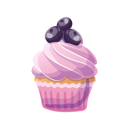 Blueberry muffin in cartoon style. Vector illustration for poster, banner, website, advertising. Vector illustration with colorful sweet dessert.のイラスト素材