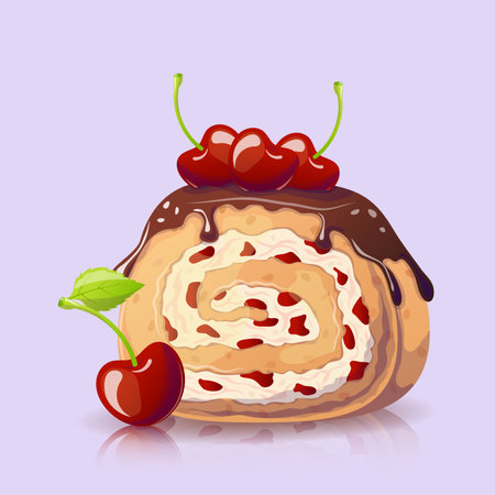 Cherry roll in cartoon style on purple background. Vector illustration for poster, banner, website, advertisement. Vector illustration with colorful sweet dessert.のイラスト素材