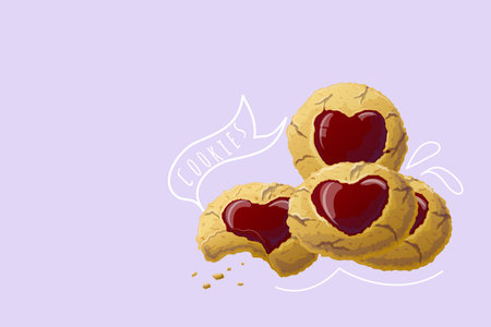 Round cookie with marmalade heart in the middle. Doodle. Vector illustration in cartoon style. Valentines day sweet sugar cookie dessert dessert banner illustrationのイラスト素材