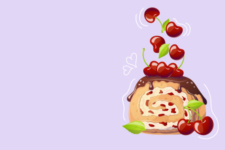 Cherry roll in cartoon style on purple background. Doodle. Vector illustration for poster, banner, website, advertisement. Vector illustration with colorful sweet dessert.のイラスト素材