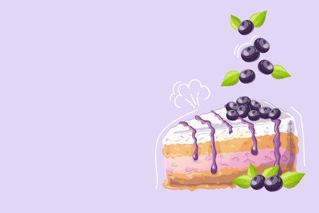 Blueberry cake in cartoon style on purple background. Doodle. Vector illustration for poster, banner, website, advertisement. Vector illustration with colorful sweet dessert.のイラスト素材