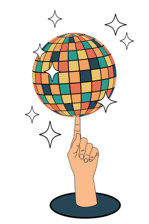 Disco ball on the finger of your hand. Groovy. Clockwork elements in a retro hippie 70s style.のイラスト素材