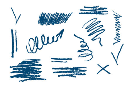 Charcoal pencil with wavy horizontal lines, scribbles, strokes, dots and spirals. Thin and thick chalk strokes, pencil dividers.Sketch elements for designのイラスト素材