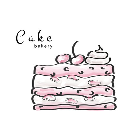 Slice of birthday cake with cherry, watercolor sketch. Doodle. Holiday dessert in vintage...
