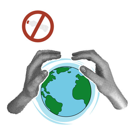 World Environment Day Template. Modern collage with halftone hands protecting planet earth. No more plastic. Earth Day.のイラスト素材
