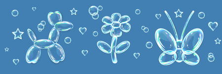 Set of soap bubbles, water drops in shape of butterfly, flower and dog with shadows on blue background. Vector illustration with water drops.のイラスト素材