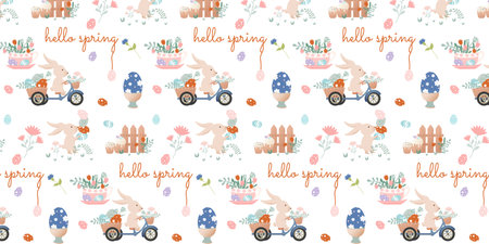 Happy Easter clip art. Pattern with cartoon characters in retro style. Easter bunny, flowers,bunny on bike, cup with Easter eggs, vase, bouquet.のイラスト素材