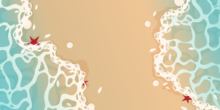 Summer background with transparent blue water surface and sandy beach. Modern background in cartoon style. Background template for banner, sales, invitation, menu.のイラスト素材